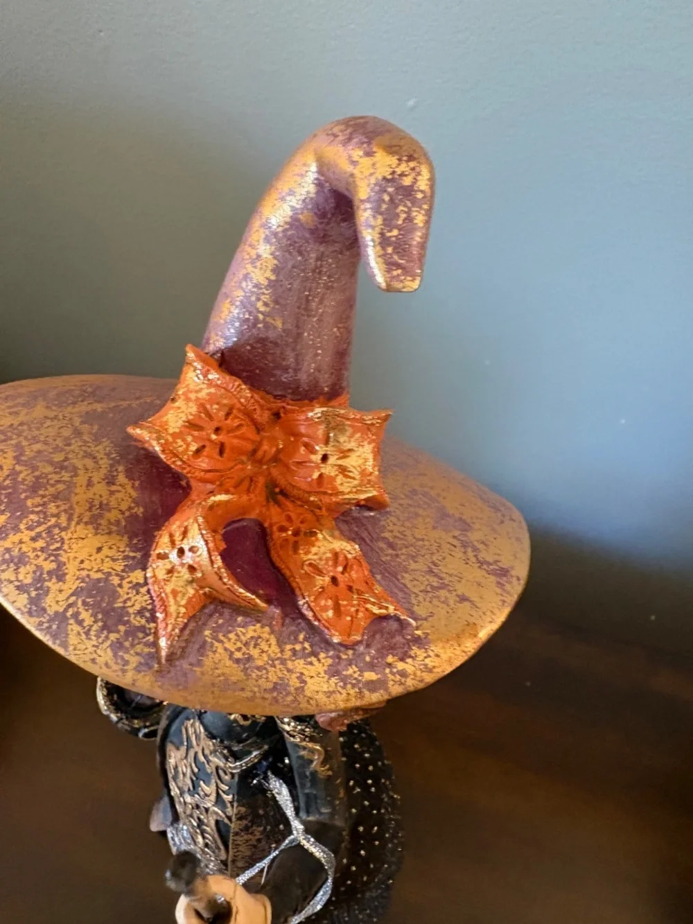 Bella Lux Halloween Witch Figurine Statue Black Gold Damask Dress Cauldron Broom